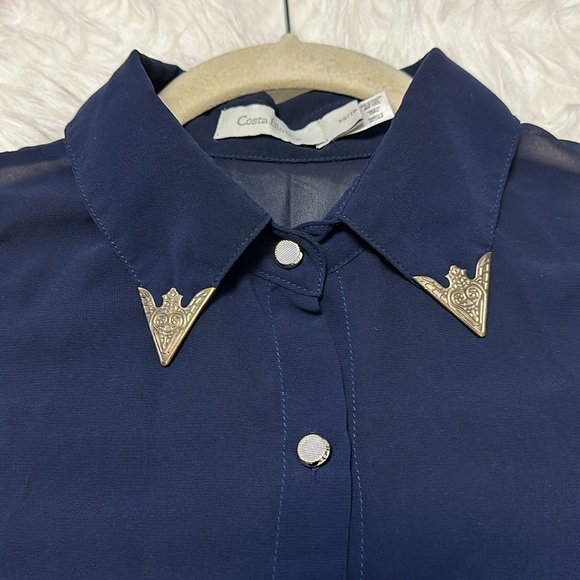 2 High Low Sleeveless Navy & Black Leopard Animal Print Blouses w/Collar - Picture 3 of 16